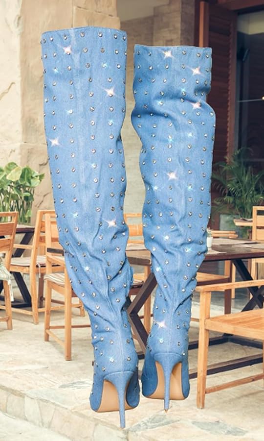 Light Blue Denim Rhinestone Crystal Diamante Over The Knee Thigh Boots