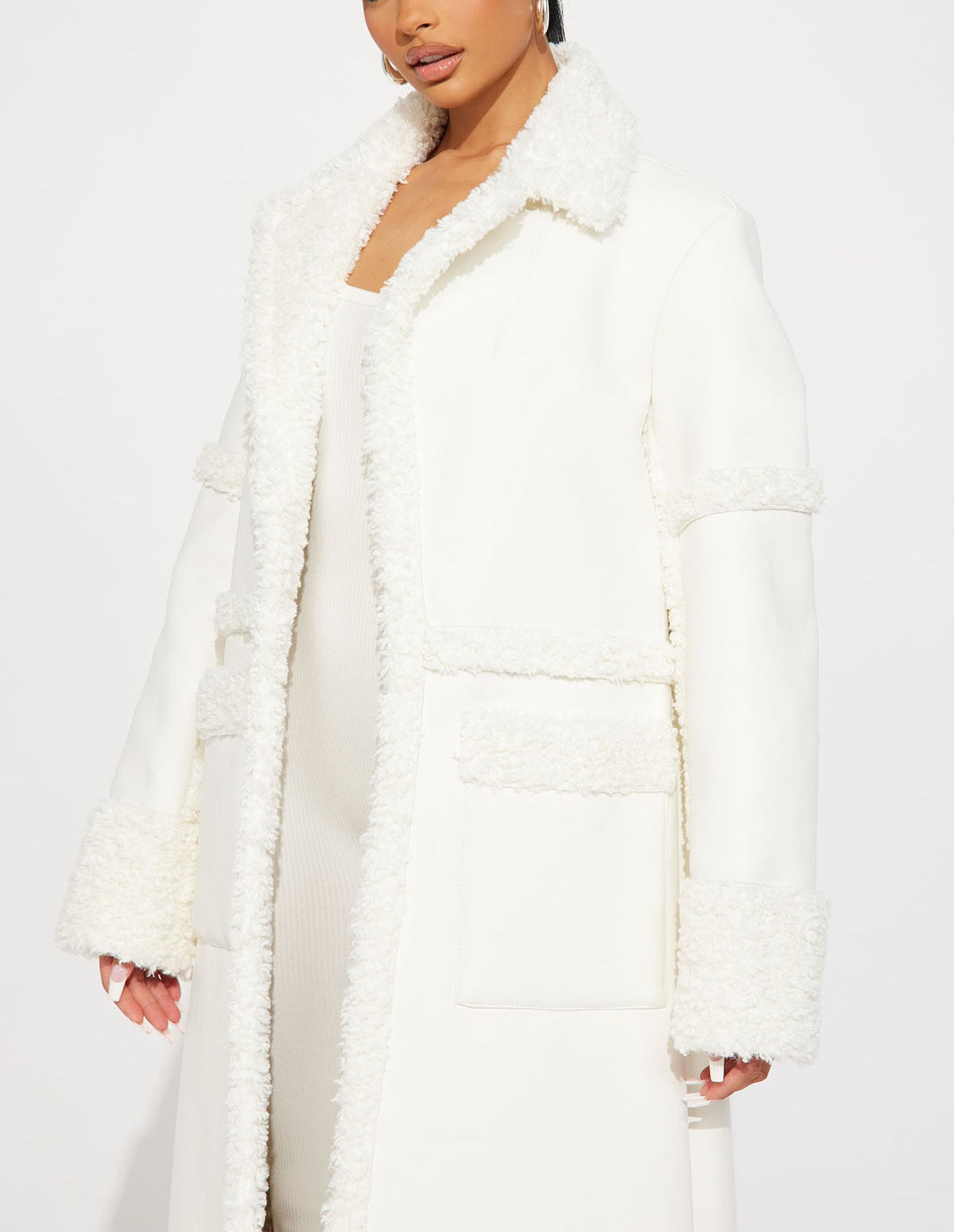Luxe Ivory White Faux Leather Faux Shearling Trim Maxi Coat
