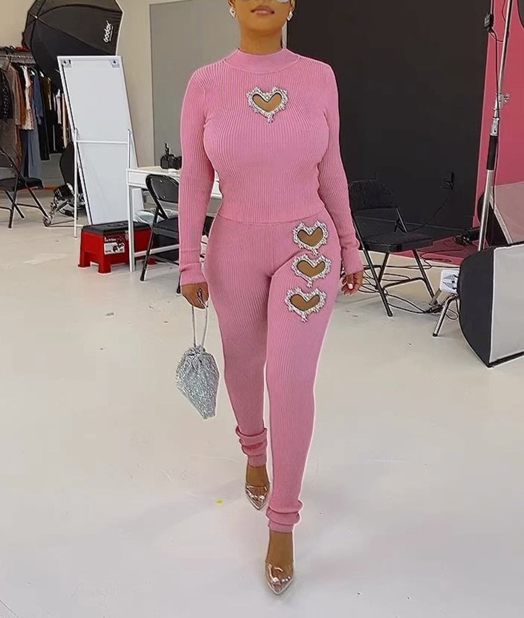 Sexy Pink Knit 2 Piece Rhinestone Cutout Set