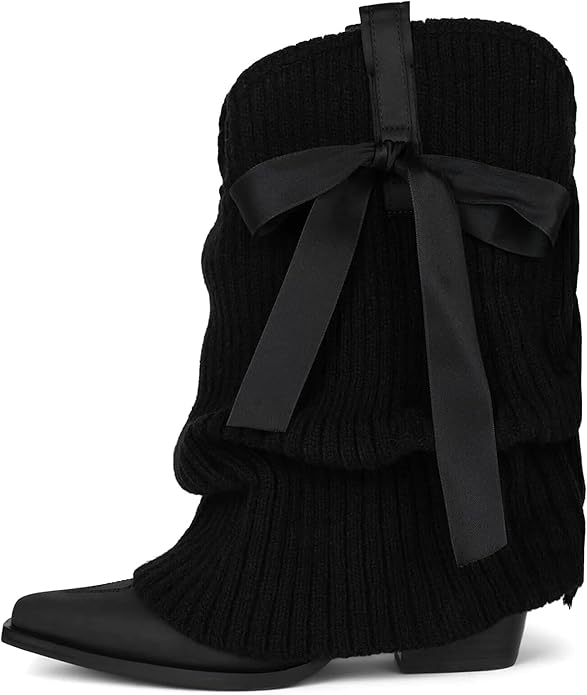 Black Ballet Inspired Boho Festival Knit Foldover Western Boots