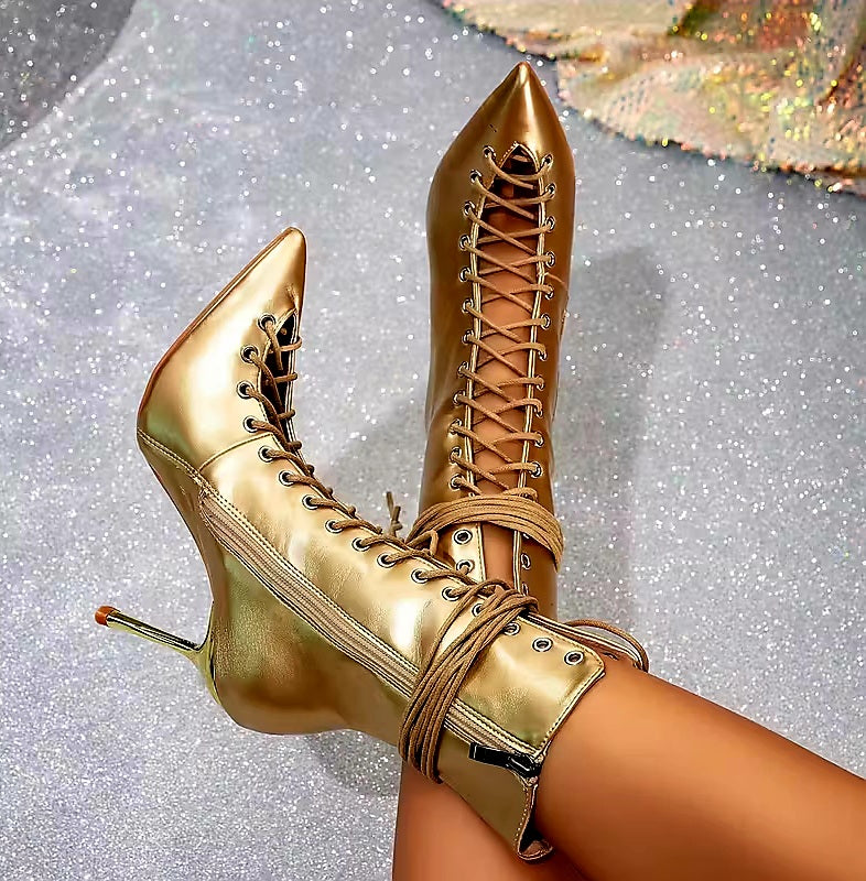 Sexy Metallic Gold Victorian Inspired Lace-up Stiletto Ankle Boots