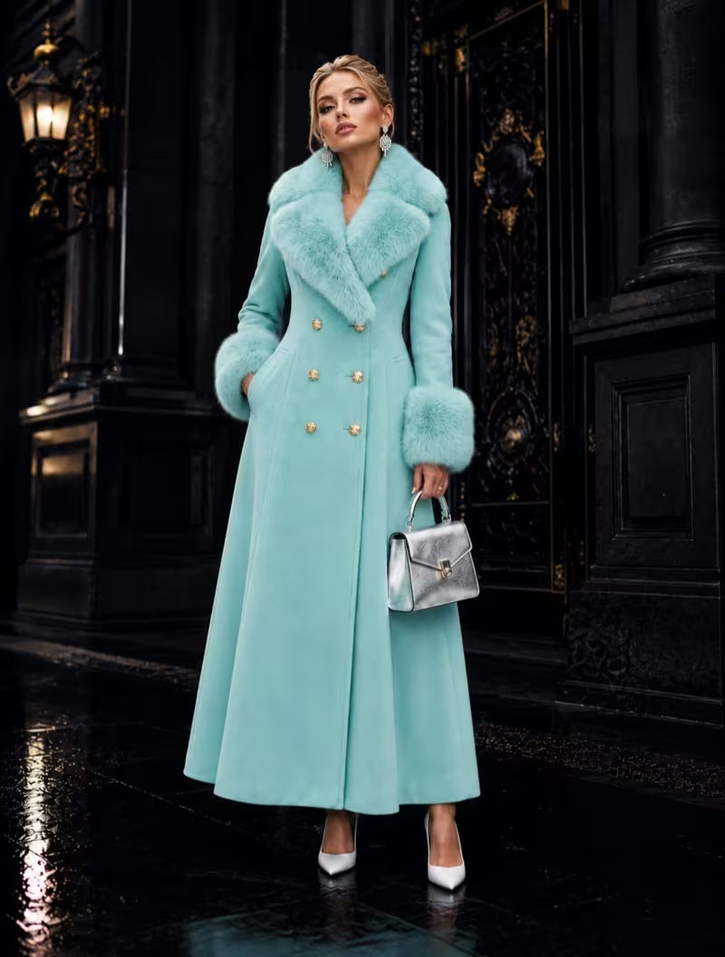 Luxe Ocean Aqua Blue Mint Green Faux Fur Trim Midi Coat