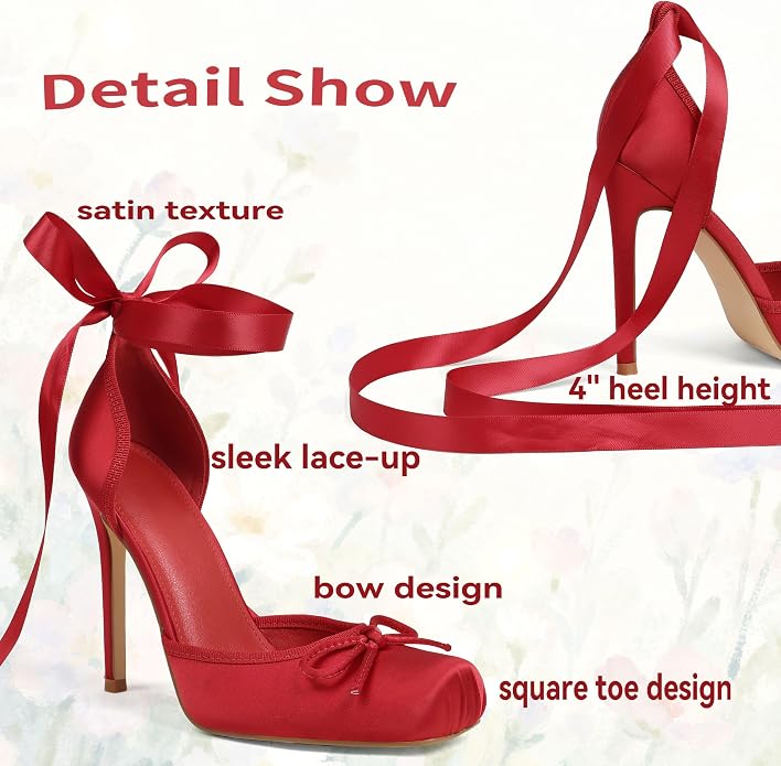 Romantic Red Satin Ribbon Ankle Tie Ballerina Heels