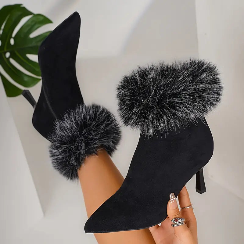 Sexy Black Faux Fur Trim Detail Ankle Boots