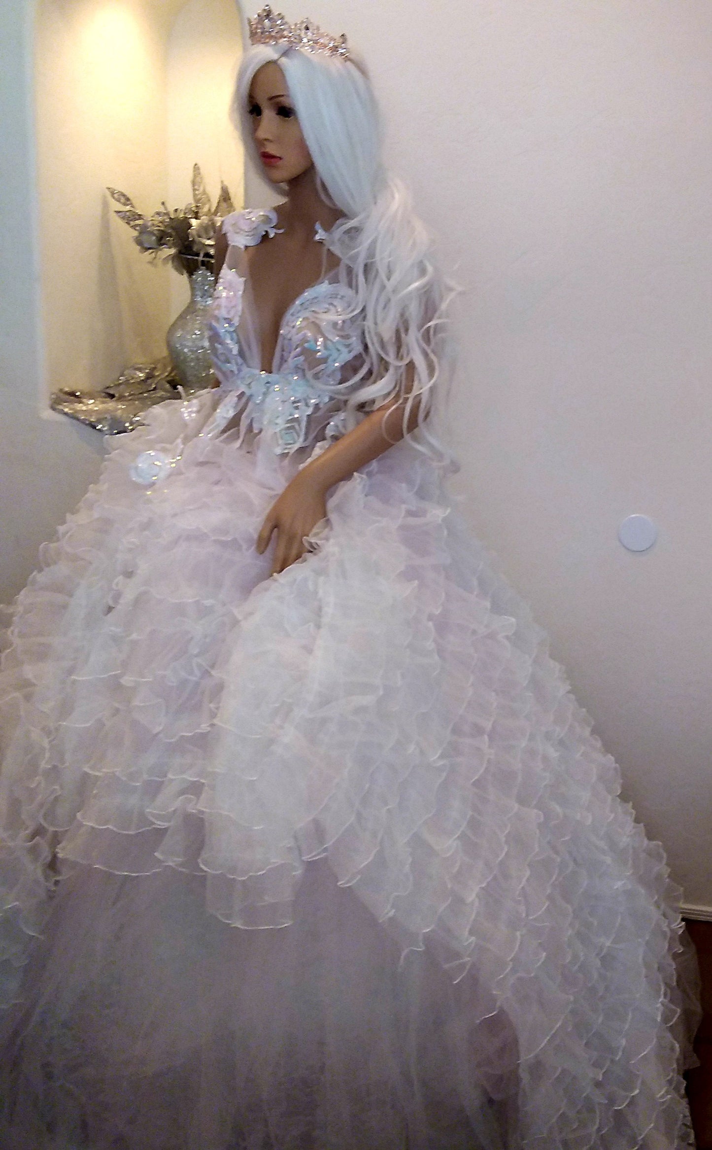"BELLALUNA" White Ruffled Organza Embroidered Sequin Damask Lace Wedding Ballgown Set