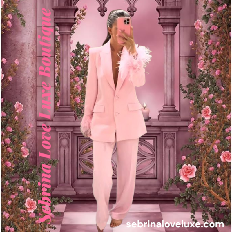 Beautiful Baby Pink Feather Cuff Blazer Jacket & Pants Suit Set