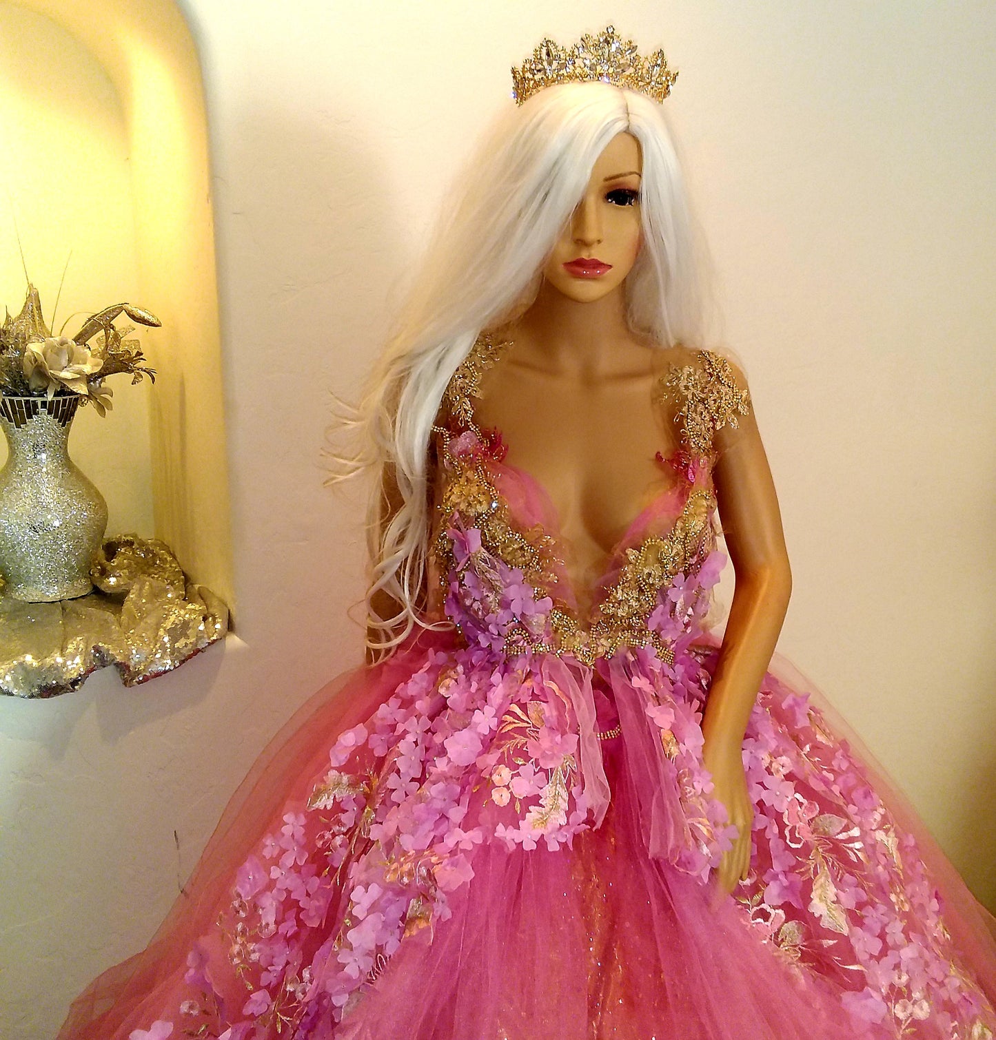 "HOPE" Pink & Gold Embroidered 3D Lace Crystal Beaded Wedding Ballgown Set
