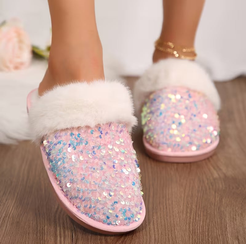 Sparkling Iridescent Pink Sequin Women's Loungewear Slipper Shoes