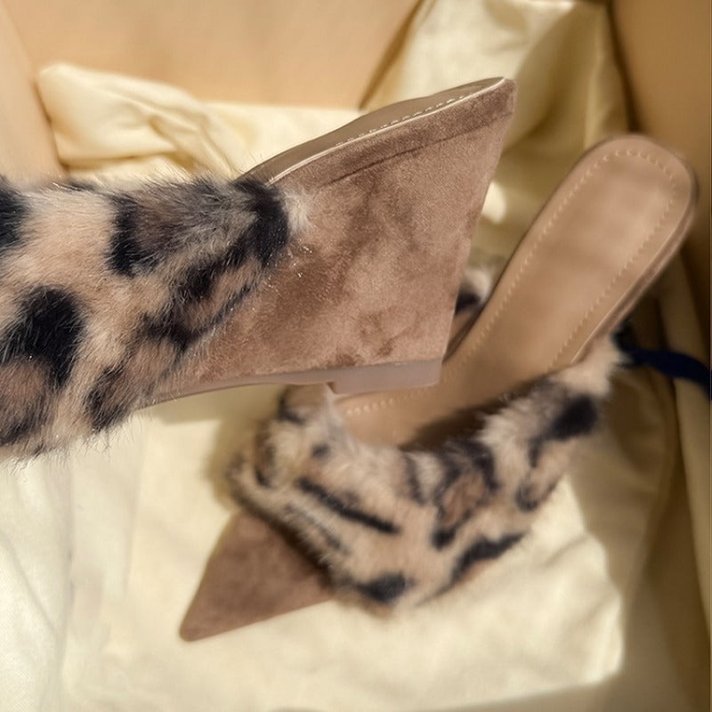 Elegant Taupe & Black Animal Print Faux Fur Wedge Mules