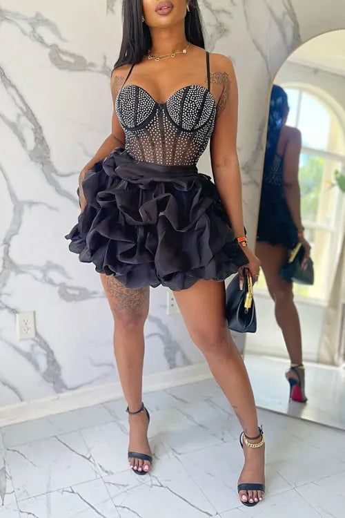 Sexy Black Corset Ruffle Mini Dress