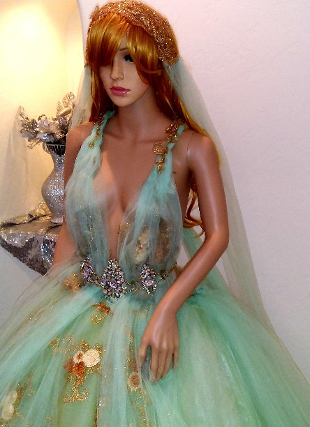 The "ZOEY" Mint Green Tulle Crystal Embroidered Gold Lace Wedding Ballgown Set (Custom Order)