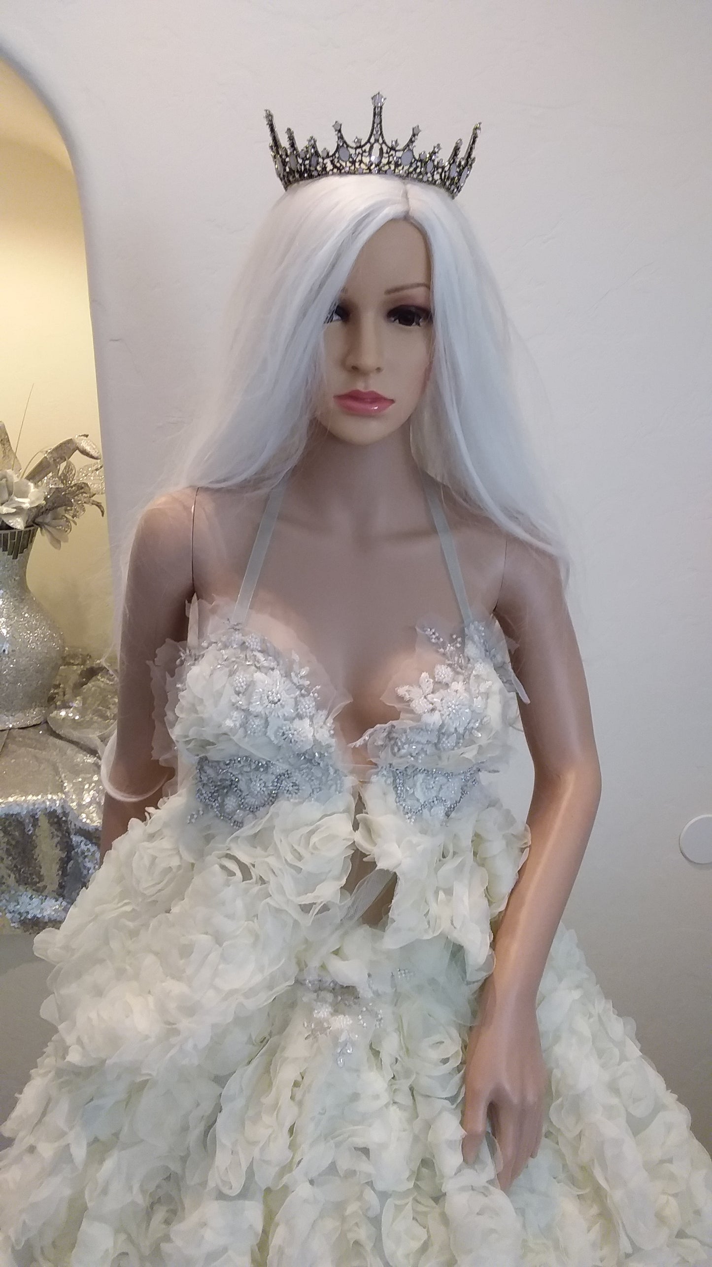 "CELINE" Ivory 3D Chiffon Rosette Lace Crystal Wedding Ballgown Set