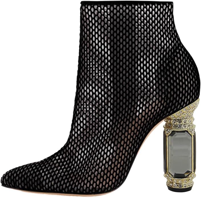 Beautified Black Mesh Bejeweled Ankle Boots