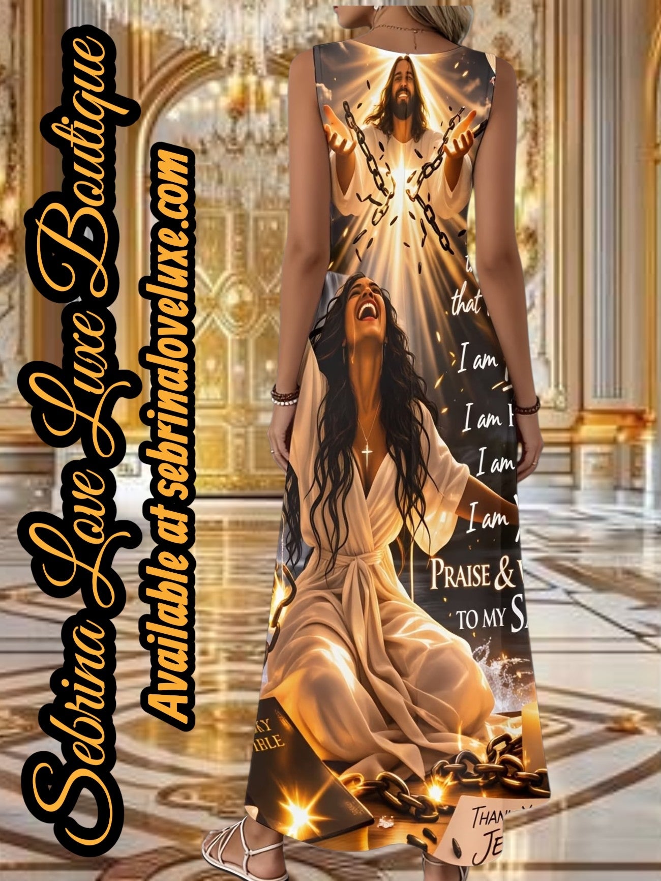 "JESUS BREAKING CHAINS" Black & Gold Inspirational Scripture Maxi Dress