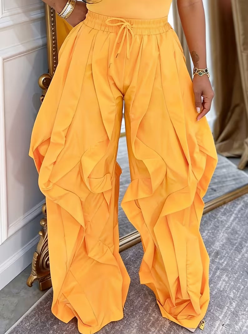 Luxe Orange Gold Ruffled Boho Flowy Wide Leg Pants