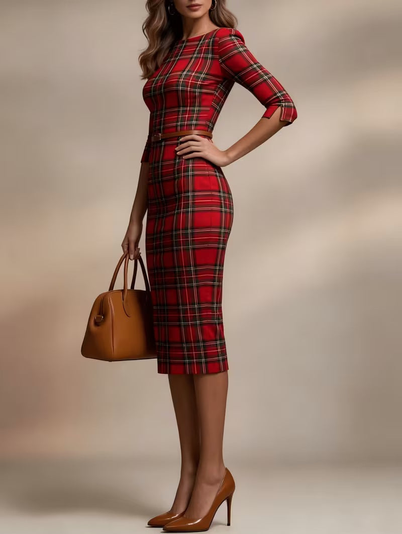 Chic Red & Black Royal Stewart Plaid Bodycon Midi Dress