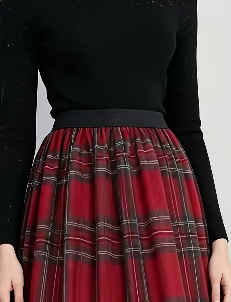 Gothic Flowy Red Plaid Tulle Tiered Midi/Maxi Skirt