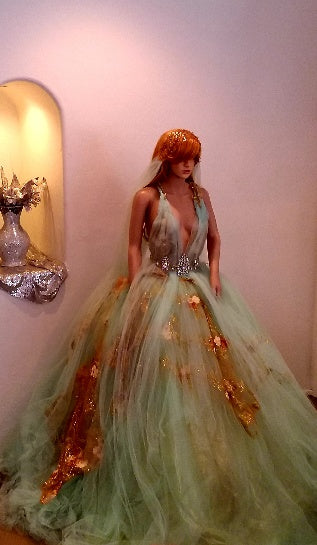 The "ZOEY" Mint Green Tulle Crystal Embroidered Gold Lace Wedding Ballgown Set (Custom Order)