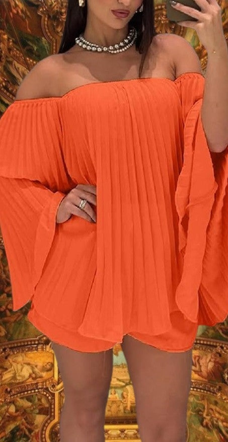 Sexy Orange Chiffon Pleated Trapeze 3pc Mini Dress Bandeau & Shorts Set
