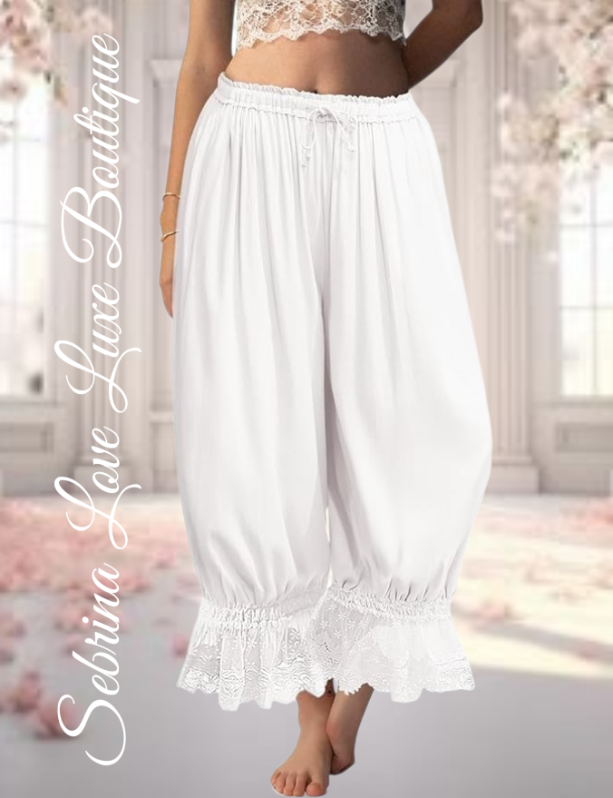 Romantic Victorian Inspired White Boho Wide Leg Pantaloon Bloomer Harem Pants