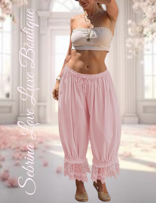 Romantic Victorian Inspired Pink Boho Wide Leg Pantaloon Bloomer Harem Pants