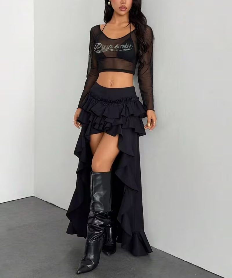 Gothic Black Ruffle Tiered High Low Maxi Skirt