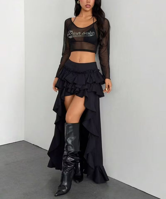 Gothic Black Ruffle Tiered High Low Maxi Skirt