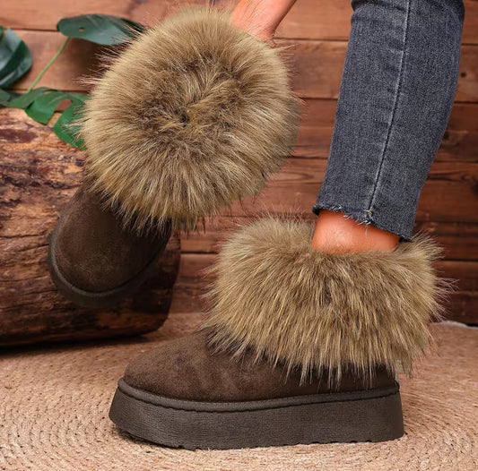 Stylish Chocolate Brown Faux Fur Trim Outdoor Winter Ankle Booties