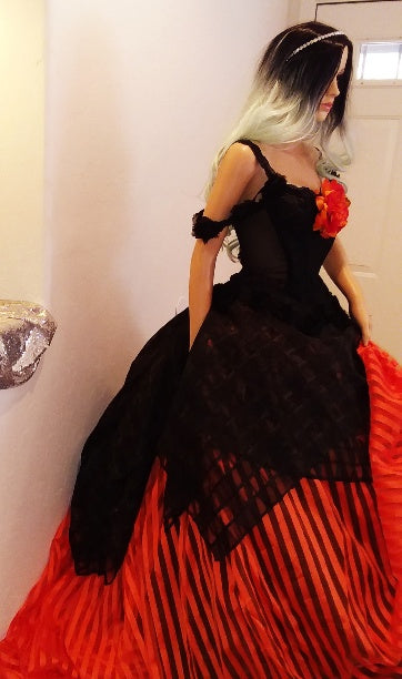 "DRUNELLA" Custom Order Gothic Romance Orange & Black Lace & Tulle Wedding Ballgown Set