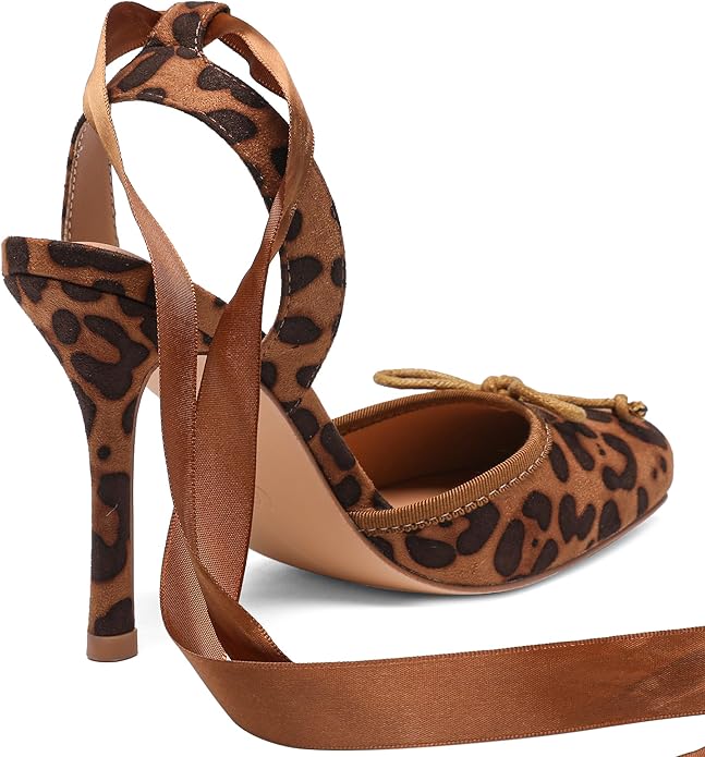 Elegant Romantic Chestnut Brown Animal Print Satin Ribbon Ankle Tie Ballerina Heels