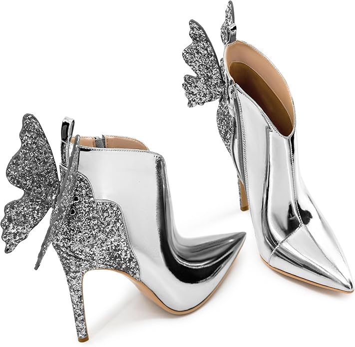 Silver Butterfly Sparkly Stiletto Ankle Boots