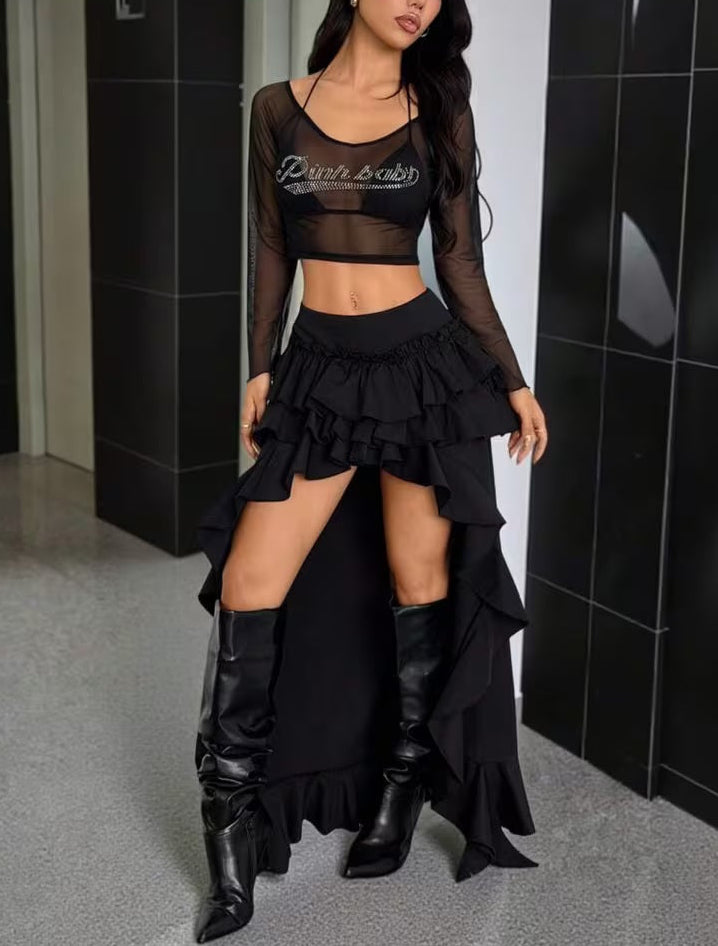 Gothic Black Ruffle Tiered High Low Maxi Skirt