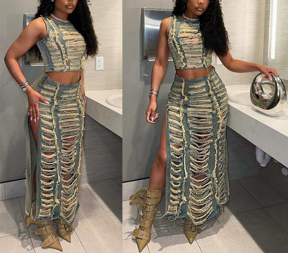 Sexy 2 Piece Distressed Shredded Crop Top & Maxi Skirt Set