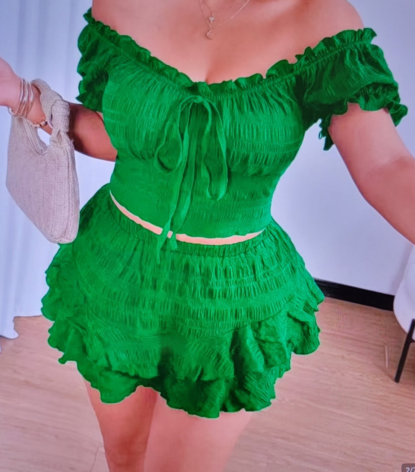Flirty Kelly Green Off The Shoulder Smocked Top & Skort Set