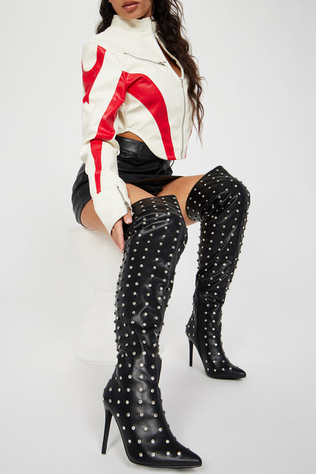 Black Rhinestone Crystal Diamante Over The Knee Thigh Boots