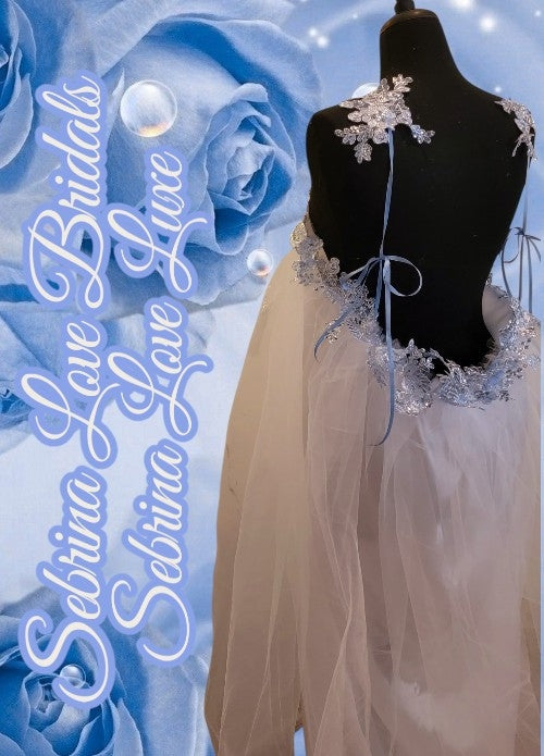 "HEAVENLY" White & Ice Blue Lace & Sequin & Tulle Wedding Ballgown & Headpiece Set