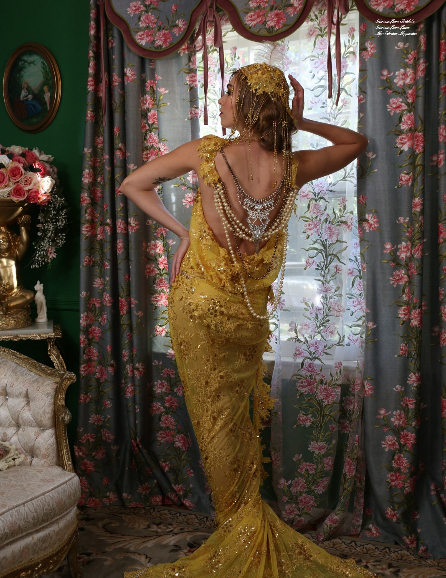 "DUCHESS RUTH" Custom Order Gold Lace Gatsby Inspired Hybrid Sheath Mermaid Wedding Gown Set