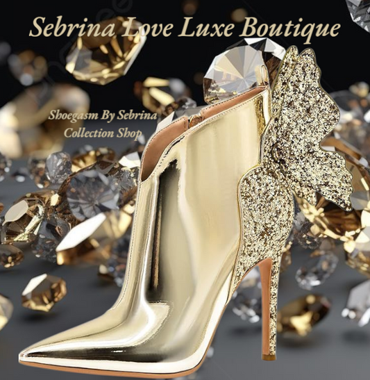 Sexy Gold Butterfly Sparkly Stiletto Ankle Boots