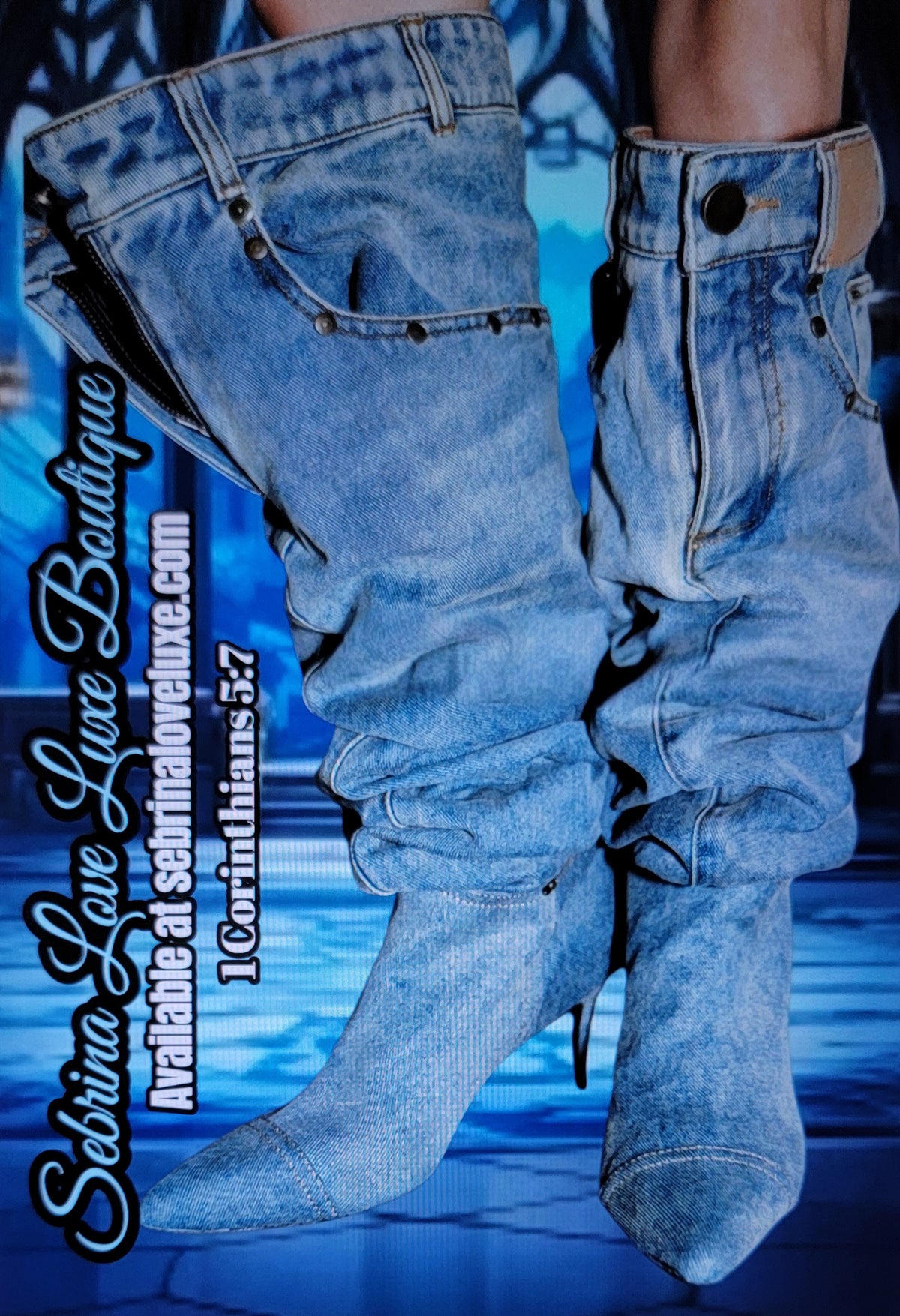 Chic Blue Denim Kitten Heel Over The Knee Thigh Boots