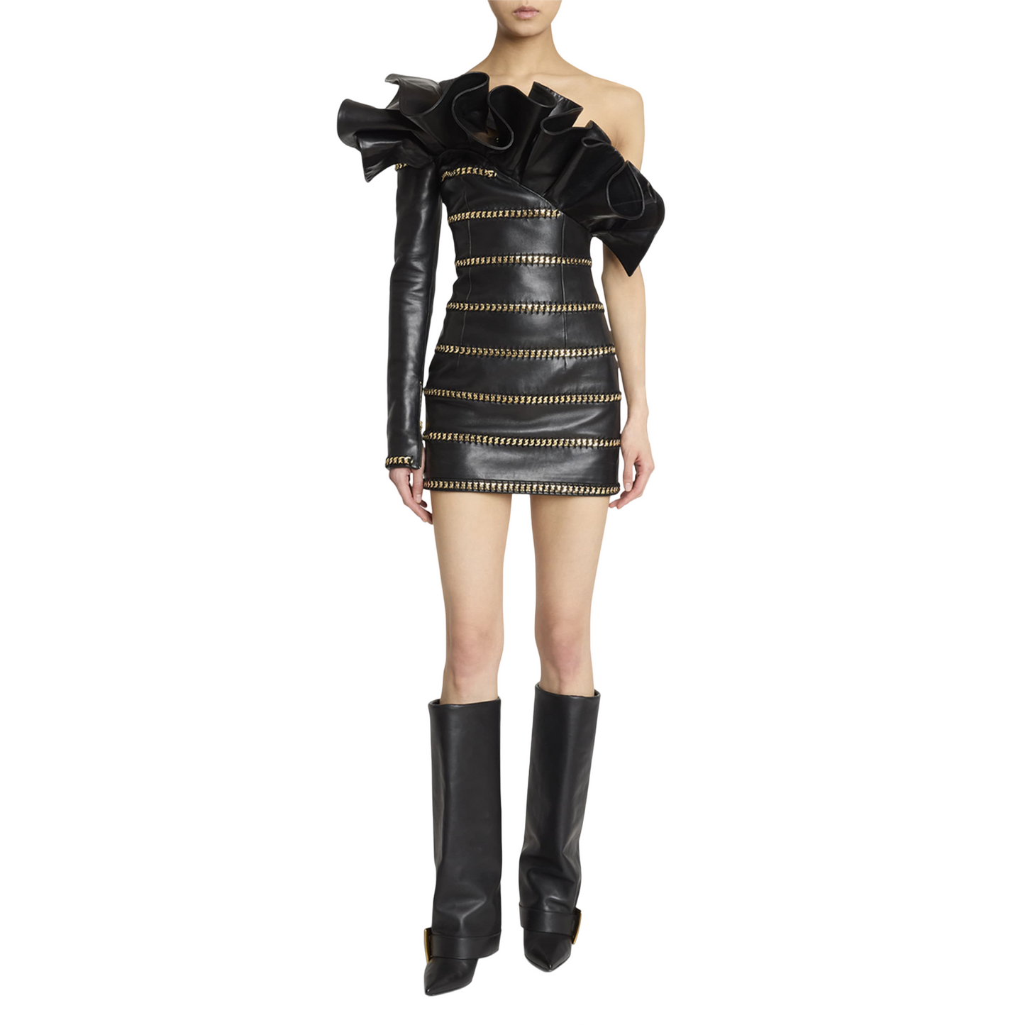 Sleek Black Foldover Buckle Detail Knee Boots