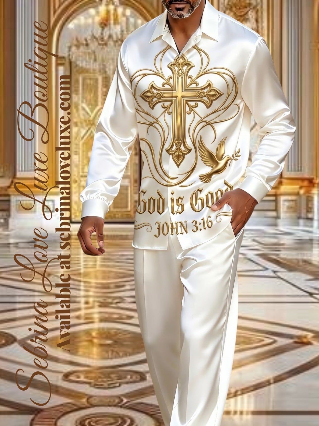 "God Is Good" 2pc White & Gold Graphic Satin Dress Shirt & Pants Set