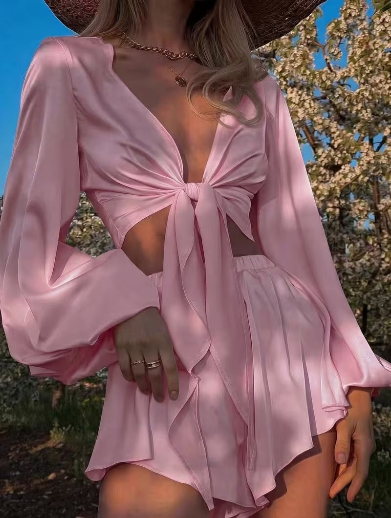 Flirty Baby Pink Tie Front Crop Top & Floaty Shorts Set
