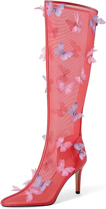 Beautiful Ethereal Red Mesh Butterfly Embellished Knee Boots