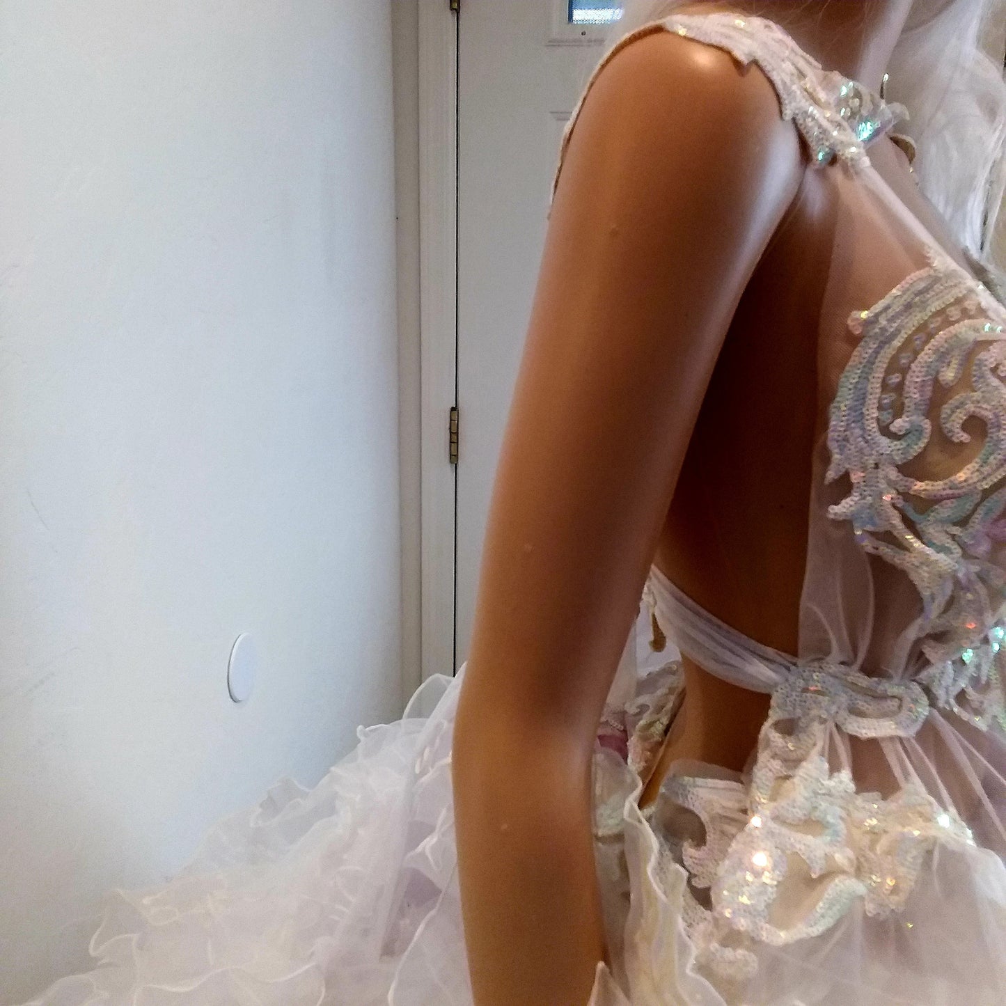 "BELLALUNA" White Ruffled Organza Embroidered Sequin Damask Lace Wedding Ballgown Set