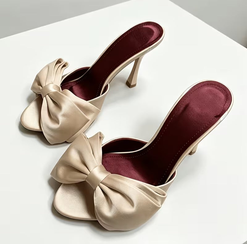 Flirty Romantic Champagne Ivory Bow Embellished Mules