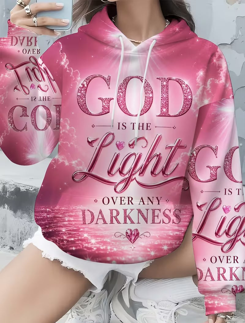 "GOD IS THE LIGHT OVER ANY DARKNESS" Graphic Soft Pink & White Scripture Hoodie Sweatshirt