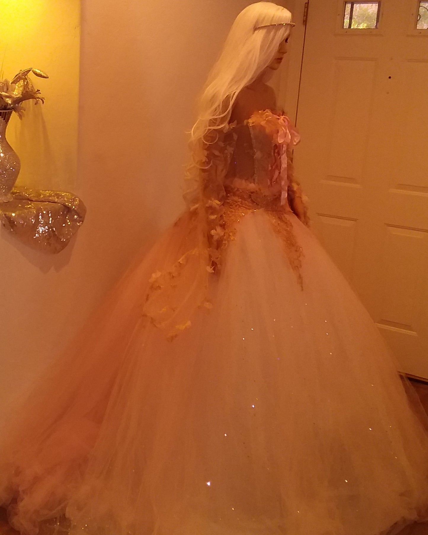 "CAROLINE" Boho Blush Lace & White Tulle Wedding Ballgown Set