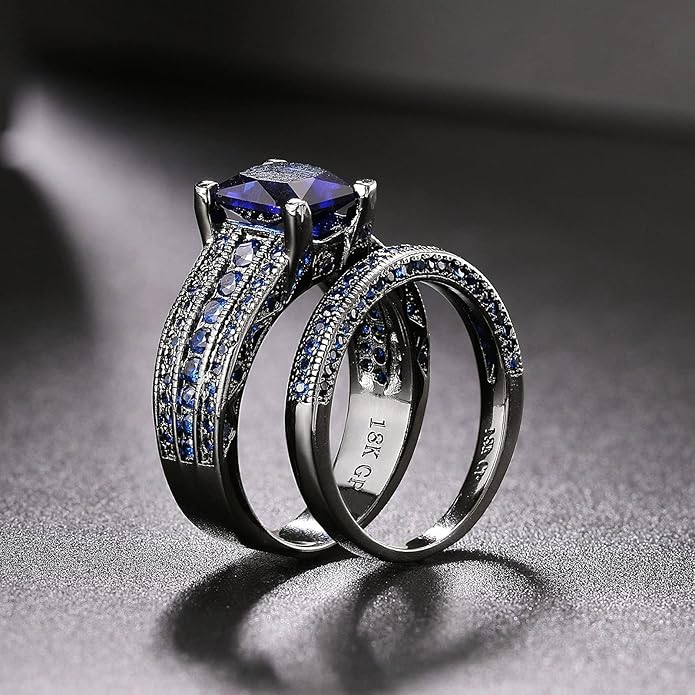 Gorgeous Gothic Romance Blue CZ Engagement Ring & Wedding Band Set