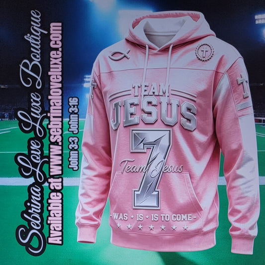 "TEAM JESUS" Printed Graphic Soft Pink & White Scripture Football Hoodie Jersey