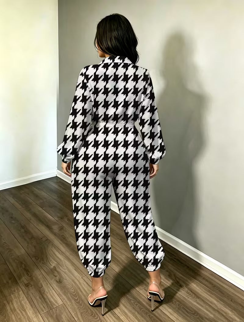 Chic Black & White Houndstooth Check Print Jogger Jumpsuit